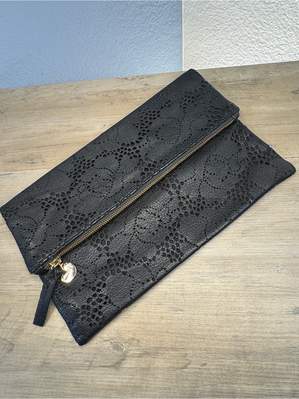 Clare V Black Rose Laser Cut Leather Foldover Clutch Pouch Made in USA